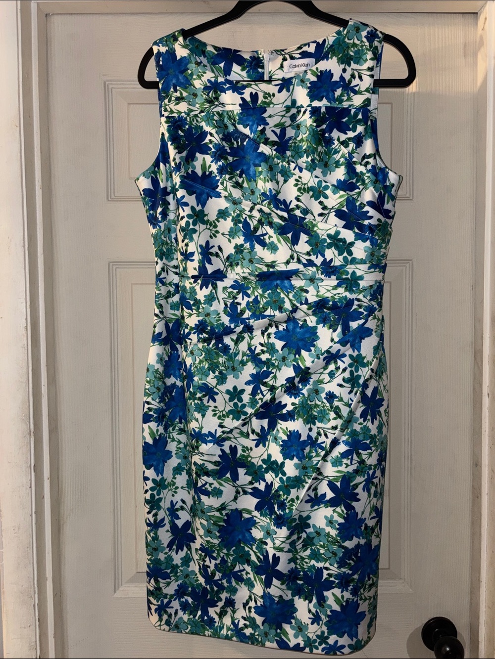 Calvin Klein Blue & Green Floral Sheath Dress with Starburst Side Pleating Sz12